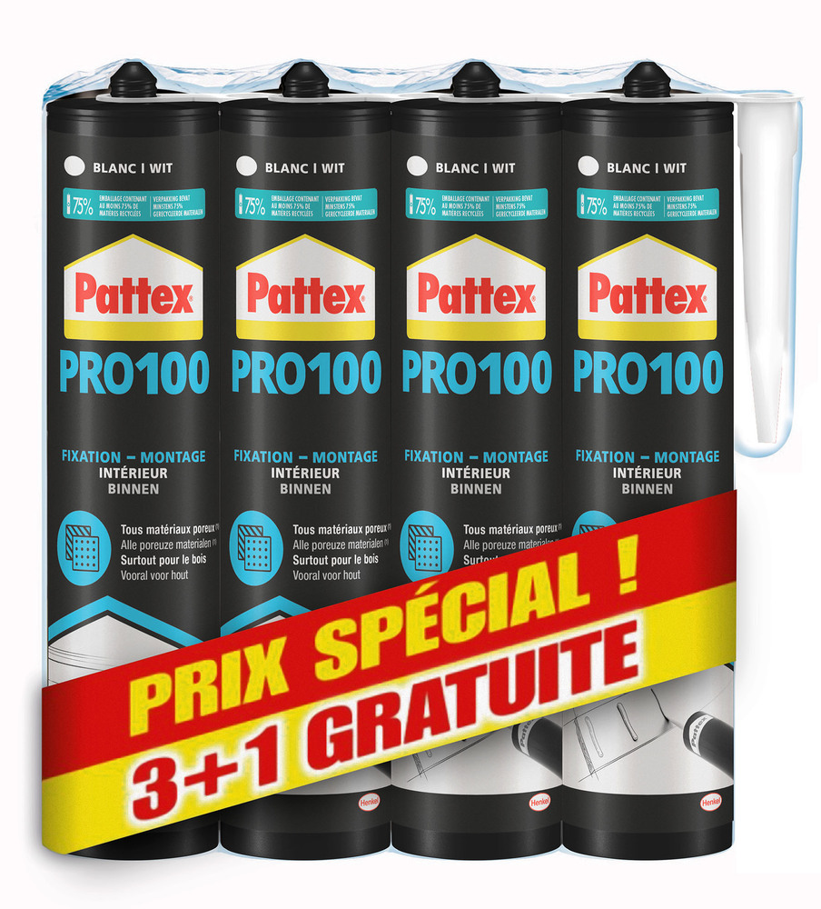 Mastic colle PRO100 HIGH TACK blanc, lot de 4 cartouches de 380g, forte adhérence pour bâtiment