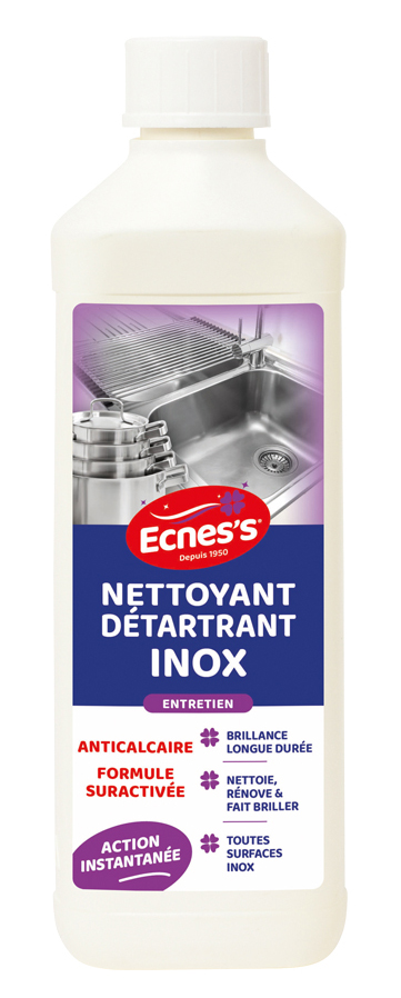 Flacon de 500 ml de nettoyant détartrant pour inox, idéal pour éliminer calcaire et traces.