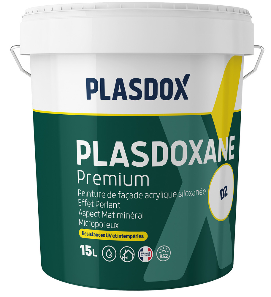 Seau de peinture façade Plasdoxane Premium 15L, hydrofuge et film mince D2.