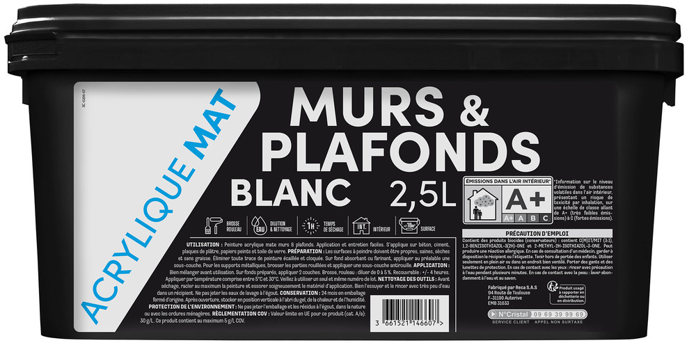 Pot de peinture acrylique mate Murs et Plafonds blanc, 2,5 litres