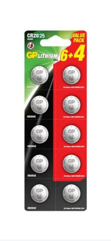 Lot de 10 piles bouton lithium GP CR2025 de 20 mm de diamètre en blister promotionnel