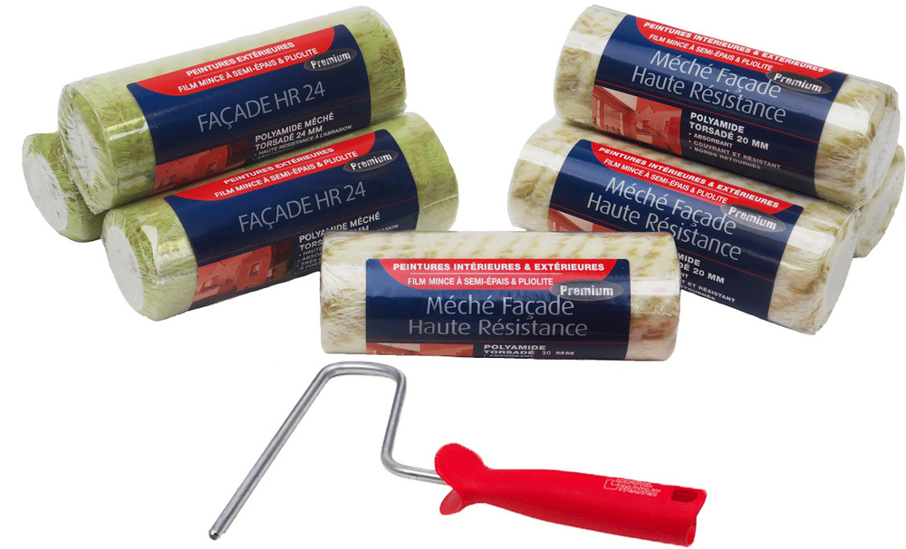 Lot de 7 manchons et 1 monture de rouleau à peindre spécial façade, parfait pour les travaux extérieurs.