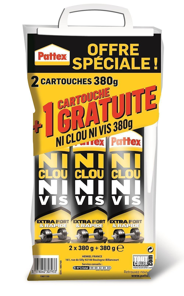 Colle Ni Clou Ni Vis Extra Fort et Rapide, lot de 3 cartouches de 380g (dont 1 gratuite), pour fixation puissante et rapide de tous matériaux.
