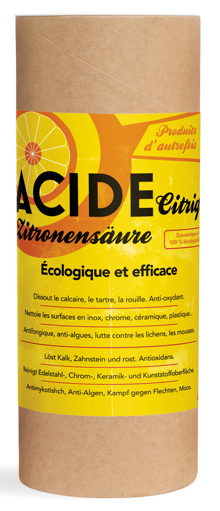 Poudre d'Acide Citrique 600g en sachet, produit multi-usages pour l'entretien ménager écologique.