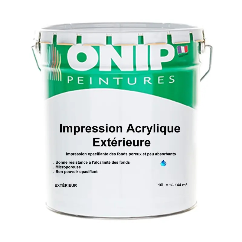 Impression acrylique extérieure pour façades, pot de 16L, séchage rapide et adhérence renforcée