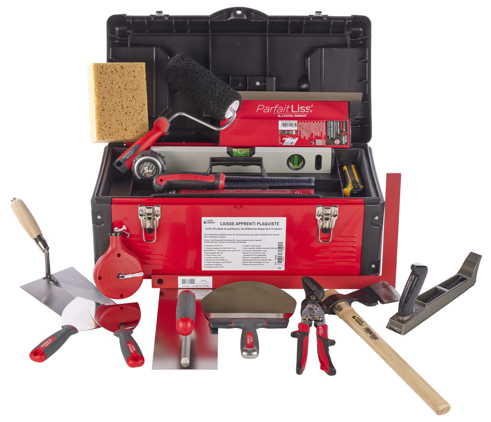 Caisse Apprenti Plaquiste pour travaux d'enduit, avec couteaux à enduire, spatules et grattoirs