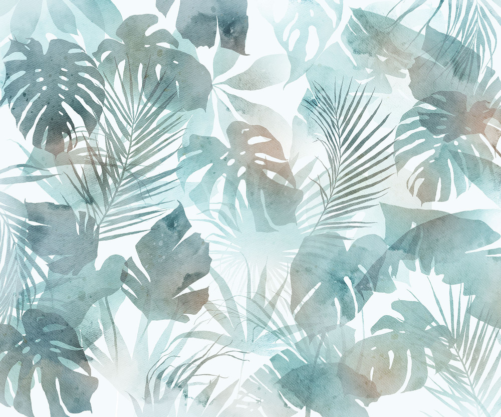 Papier peint panoramique Aqua Flora 300 x 250 cm avec motifs floraux et éléments aquatiques bleus et verts pour une décoration murale immersive.