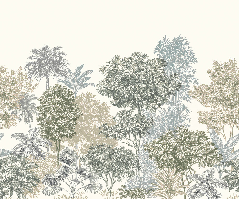 Papier peint panoramique Painted Palms, motif palmiers peints tropicaux, 300 x 250 cm