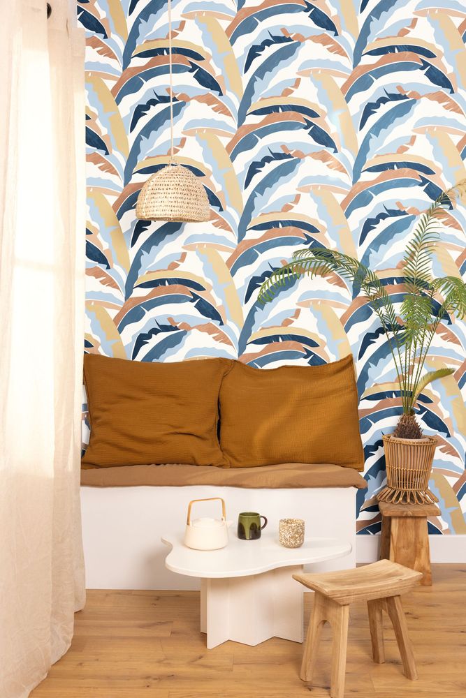 104566220 - Papier Peint Vinyle sur Intissé Palmes Végétales Bleu Camel