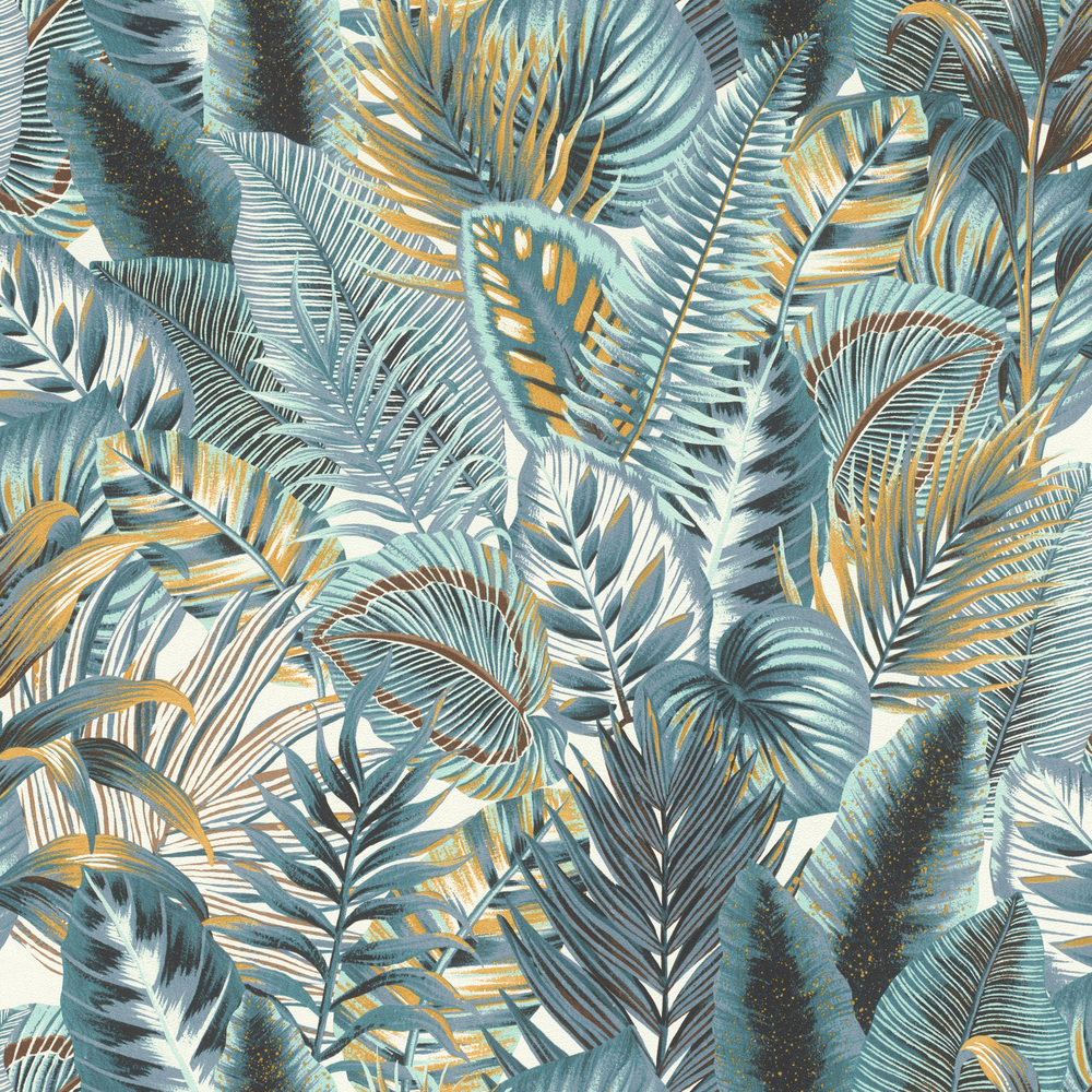 Papier peint vinyle grainé sur intissé Tropico Amazonia bleu avec motif jungle tropicale