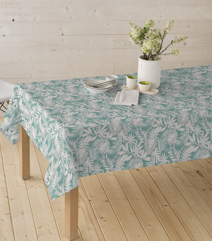 Nappe en tissu enduit Casopiea turquoise, rouleau de 20 m x 140 cm, imperméable et facile d'entretien.