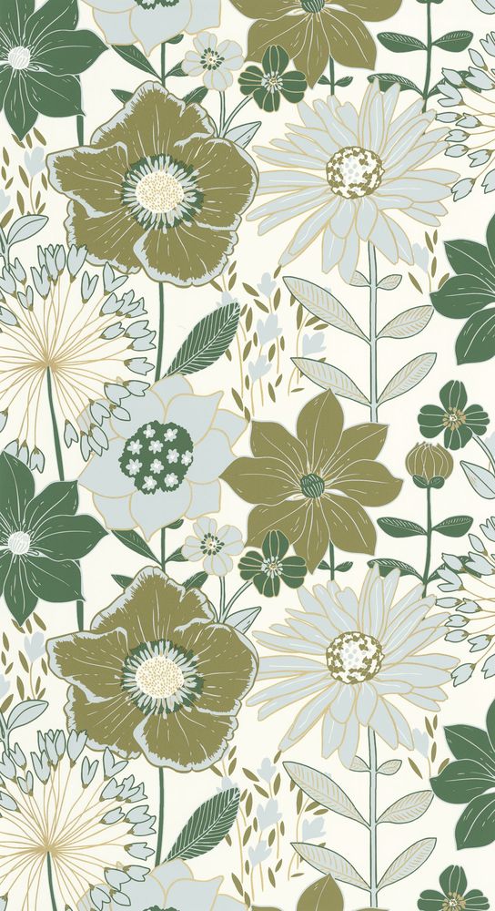 Papier peint vinyle sur intissé à petites fleurs vert et or, motif délicat de la Collection Décorama Déco et Matières 2026