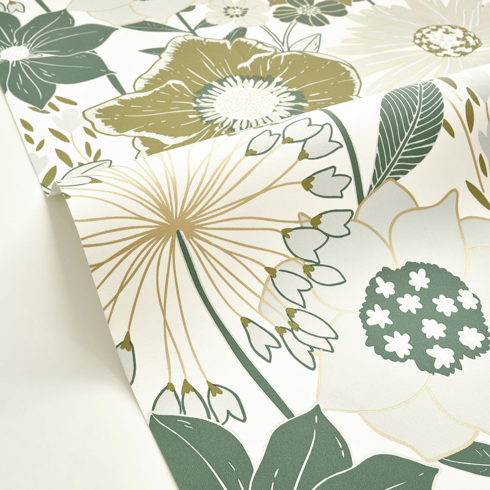 104557028 - Papier Peint Vinyle sur Intissé Petites Fleurs Vert Or