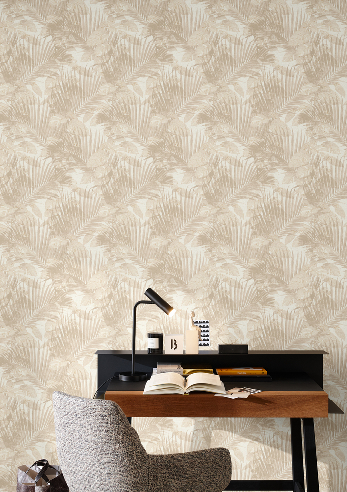 600131 - Papier Peint Vinyle Grainé sur Intissé Motif Feuilles Areca Marron