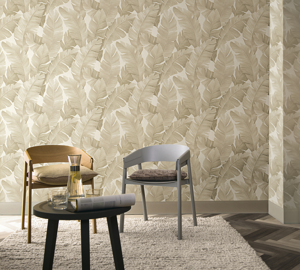 31625 - Papier Peint Vinyle Grainé sur Intissé Motif Feuilles Jungle Beige