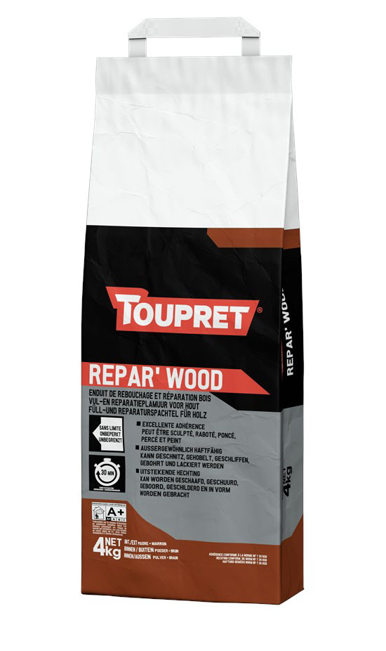 Enduit de rebouchage et réparation bois Répar'Wood en poudre, sac de 4 kg, pour un rendu lisse et durable.