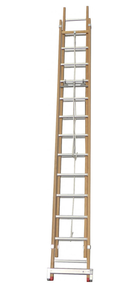 Échelle coulissante 2 plans en bois avec 11 échelons, réglable de 302 à 485 cm pour travaux de bâtiment.