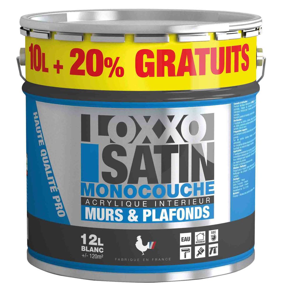 Peinture acrylique satin monocouche blanc 12 L pour murs et plafonds avec haut pouvoir couvrant