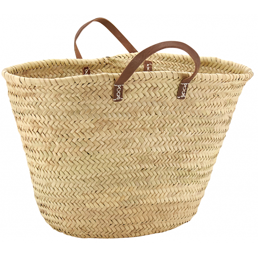 Panier couffin en palmier naturel tressé avec poignées en cuir, d'une longueur de 65 cm, idéal pour le marché.