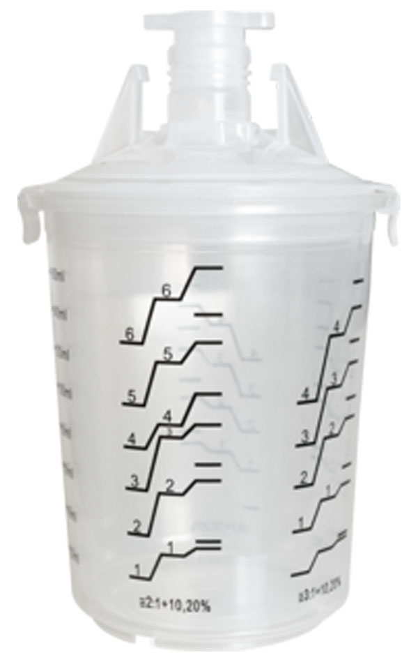 Kit godet gradué pour pulvérisation de peinture ou résine, complet avec 50 godets jetables, 20 couvercles et 20 bouchons.