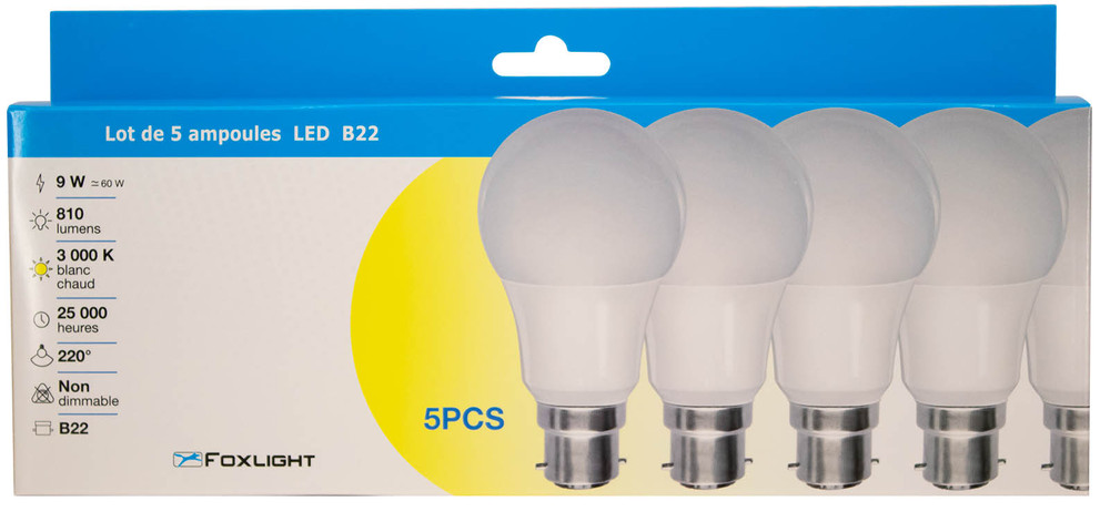 Ampoule Opaque Classic Poire LED B22 9W 810 lm Blanc Chaud Lot de 5