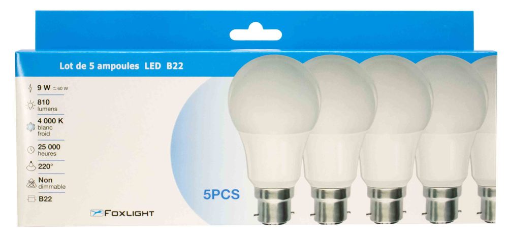 Ampoule Opaque Classic Poire LED B22 9W 810 lm Blanc Froid Lot de 5