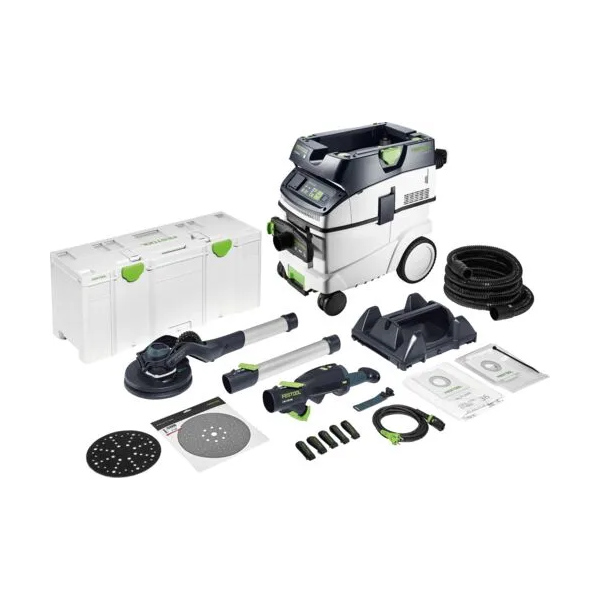 Ponceuse à bras PLANEX LHS 2 Ø225 mm EQI et aspirateur CTM 36 EI AC-PLANEX en kit pour ponçage professionnel de grandes surfaces sans poussière.