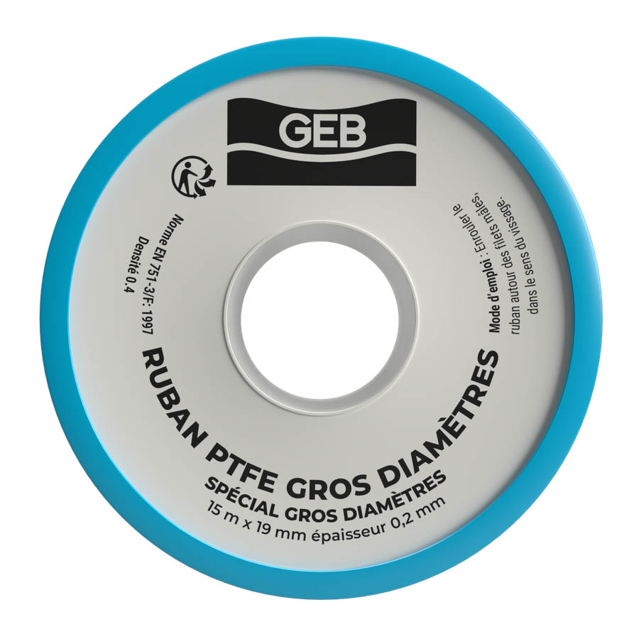 Ruban adhésif PTFE blanc de 15 m x 19 mm x 0.2 mm, idéal pour l'étanchéité des gros diamètres en plomberie sanitaire.