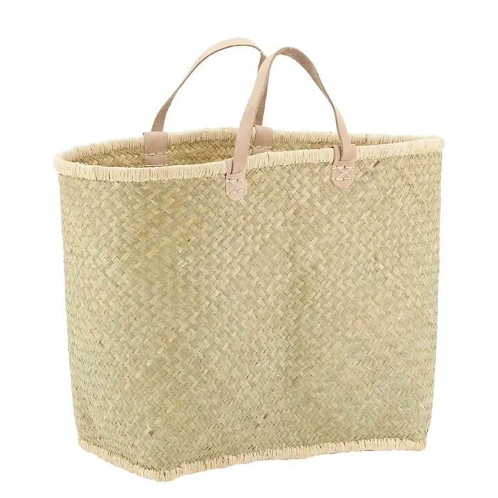 Panier couffin artisanal en palmier naturel de 50 cm avec poignées en cuir beige, idéal pour les courses ou le rangement.