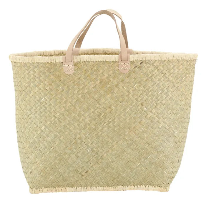 Panier Couffin Palmier Naturel + Poignées Cuir Beige 50 cm