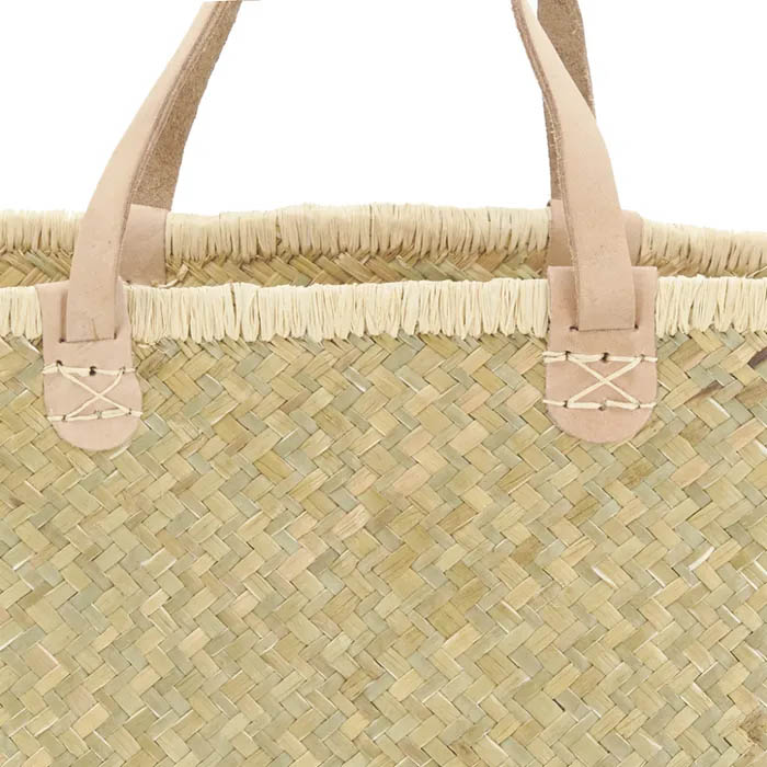 Panier Couffin Palmier Naturel + Poignées Cuir Beige 50 cm