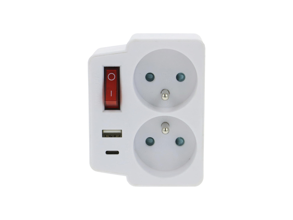 Prise murale double Biplite blanche avec interrupteur, 2 prises 16A et ports USB-A et USB-C intégrés