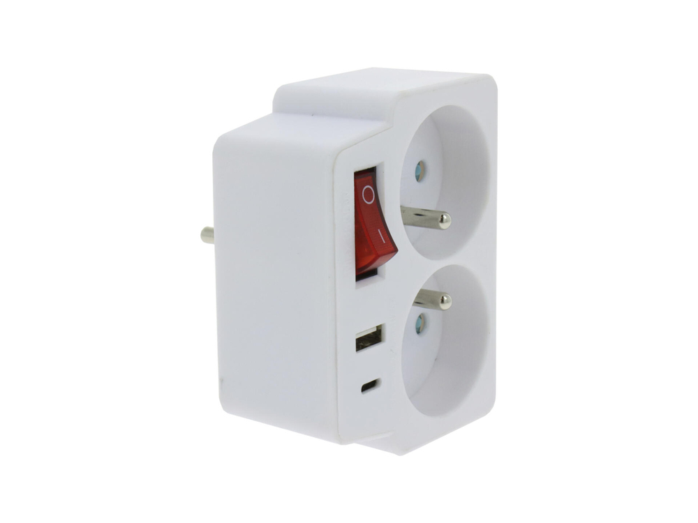 Biplite Avec Interrupteur 2 x 16A + USB-A et C Blanche