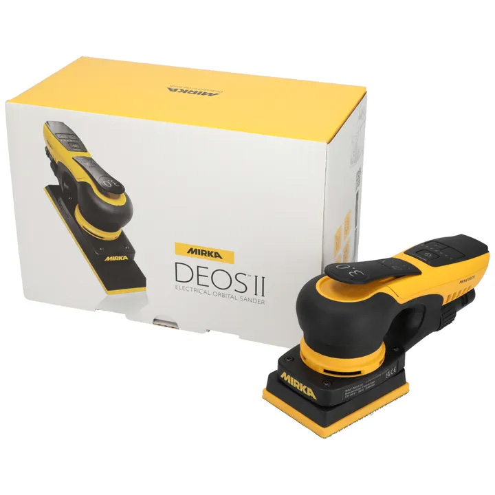 Ponceuse professionnelle électroportative DEOS II 343CV avec plateau 75x100mm pour ponçage de finition.