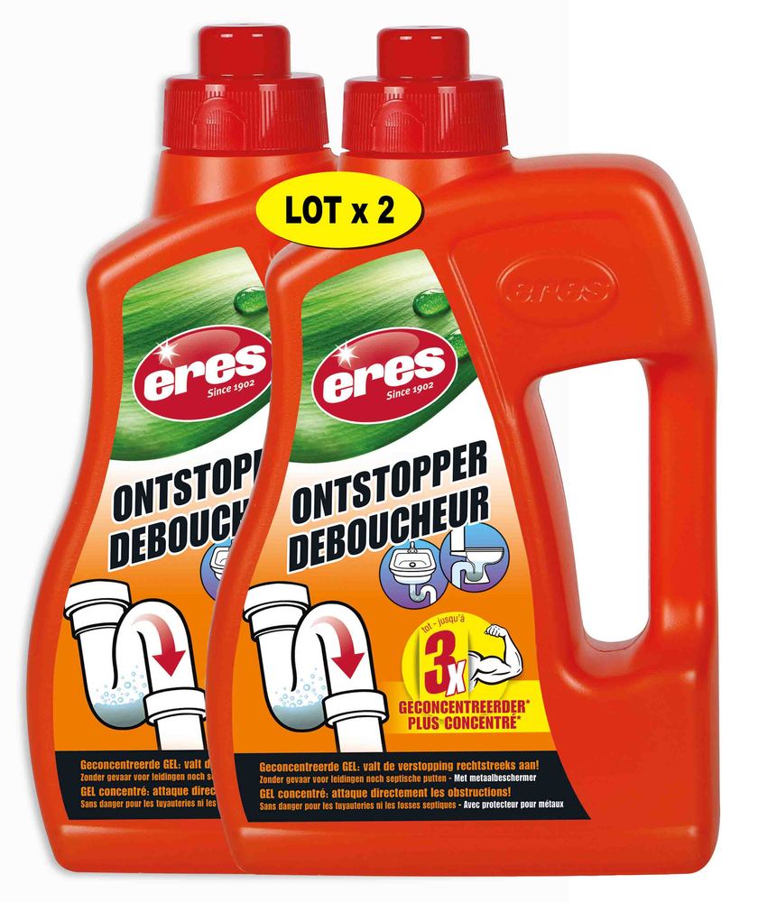 Lot de 2 déboucheurs universels de canalisation de 1 litre avec bouchon de sécurité enfant