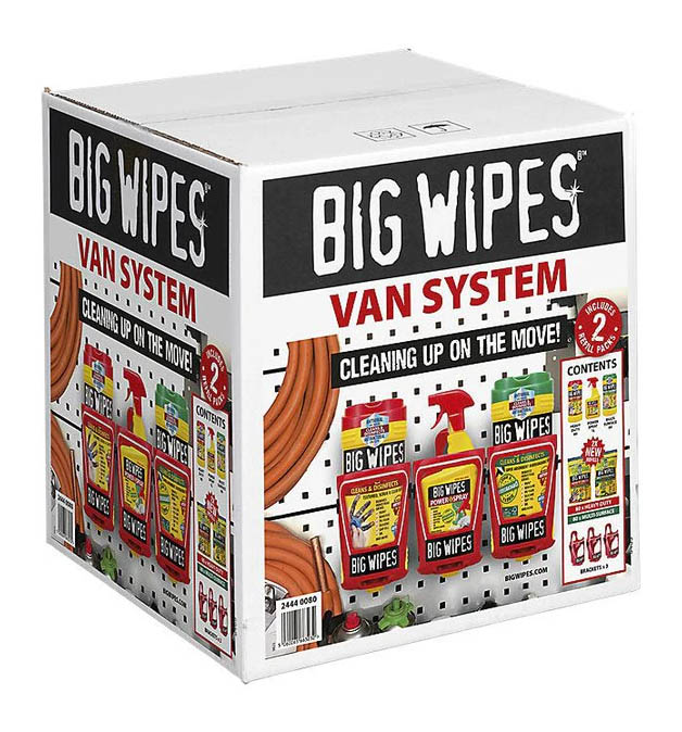 Kit Mobile de Nettoyage Van System Big Wipes pour professionnels du bâtiment, avec lingettes multi-surfaces.