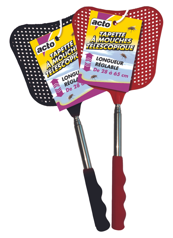 Tapette à mouches télescopique avec grille souple et manche extensible, coloris assortis.