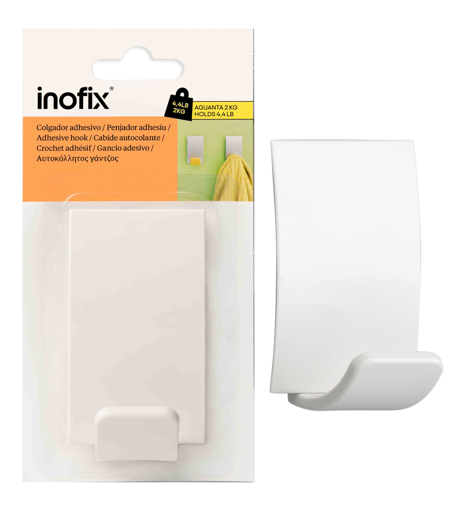 Portemanteau adhésif mural rectangulaire blanc en plastique, idéal pour accrocher vêtements ou serviettes.