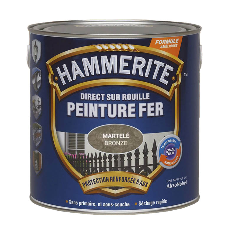Peinture Fer Direct sur Rouille Martelé Bronze 2.5L, antirouille pour métaux extérieurs