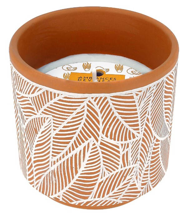 Bougie Citronnelle Pot Terre Cuite Motif Feuilles 380g anti-moustique