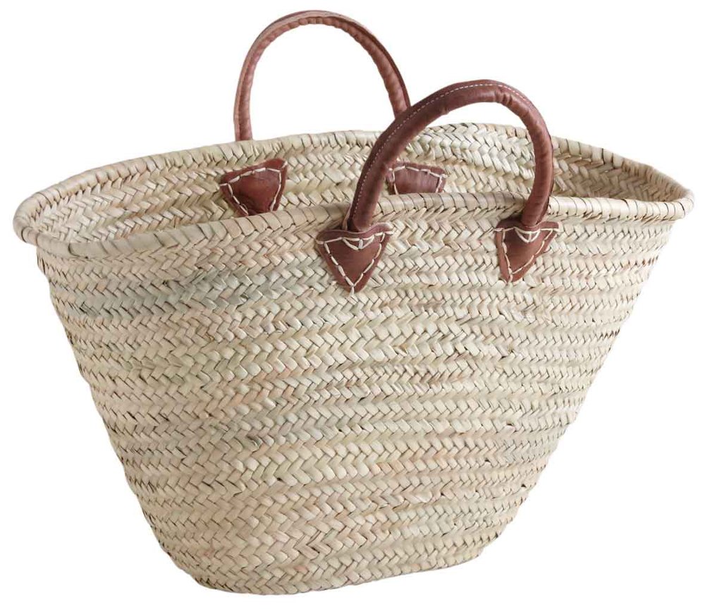 Panier couffin en palmier naturel de 60 cm avec poignées en cuir, idéal pour le marché ou la plage.
