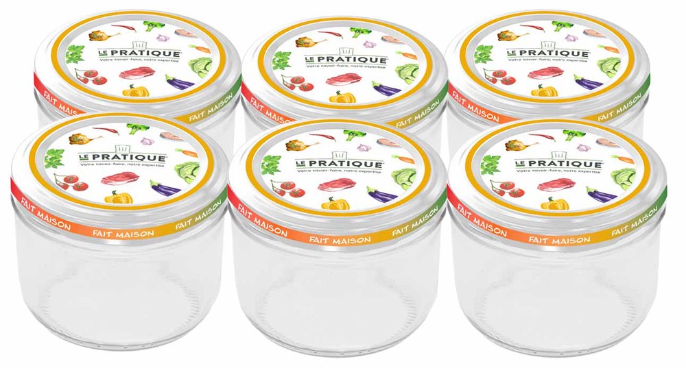Pack de 6 bocaux en verre Le Pratique 350 ml, diamètre 100 mm, idéaux pour les conserves maison