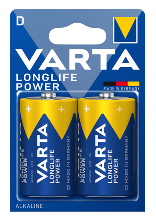 Lot de 2 piles alcalines Longlife Power LR20/D 1.5V dans leur emballage blister scellé.