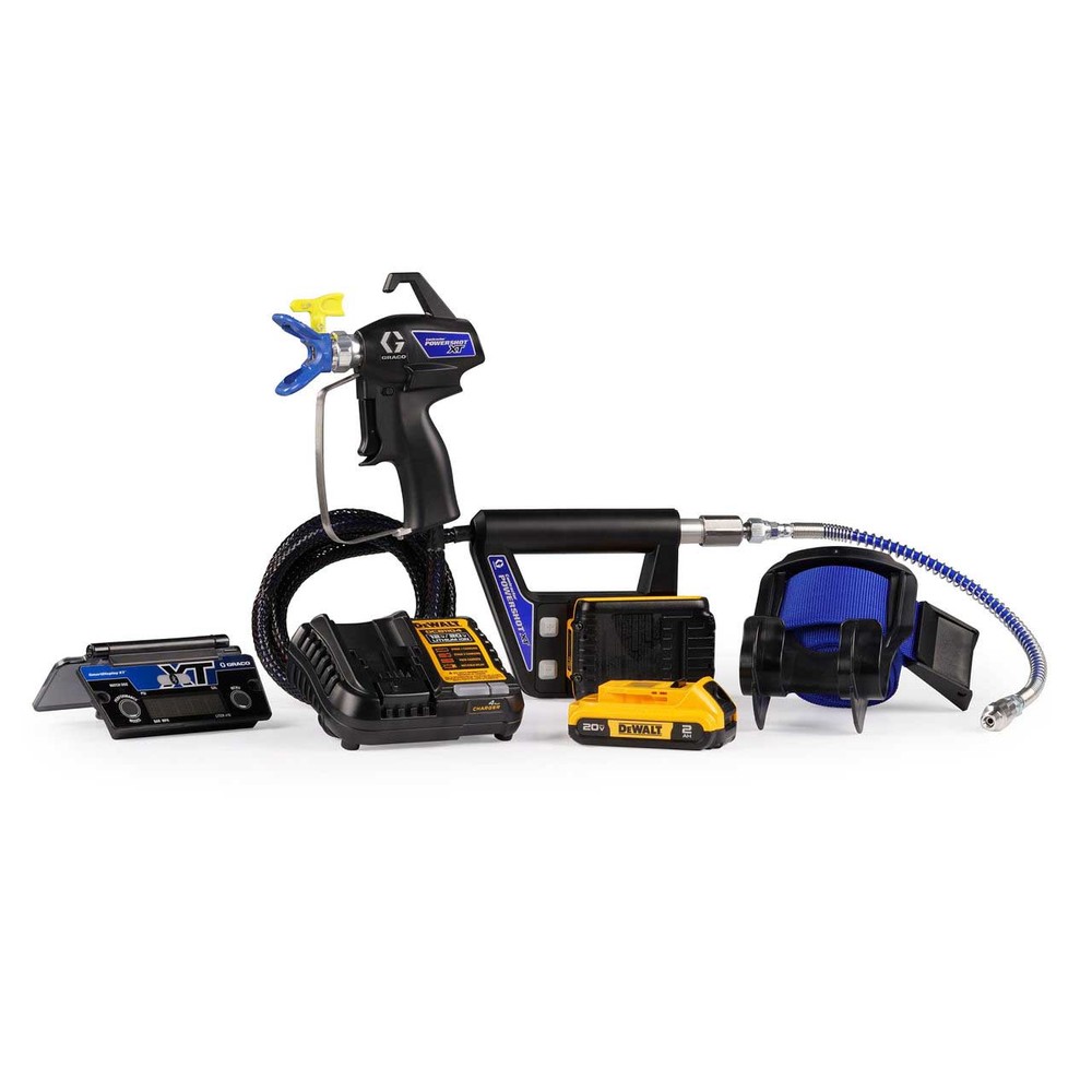 Kit Pistolet Airless Contractor PowerShot XT sans fil avec écran, chargeur 20V et 2 batteries pour pulvérisation de peinture professionnelle.