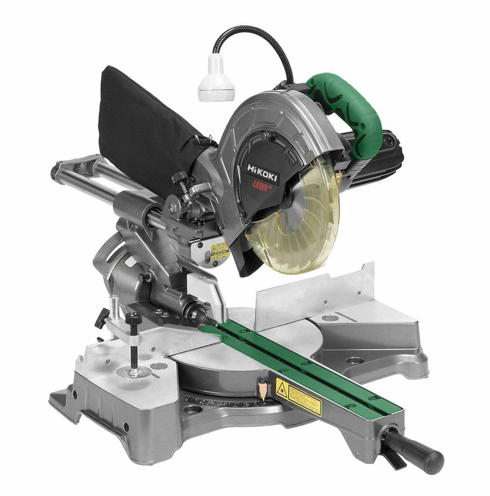 Scie à onglet 216 mm 1050W avec laser et éclairage LED pour coupes précises sur bois et matériaux.