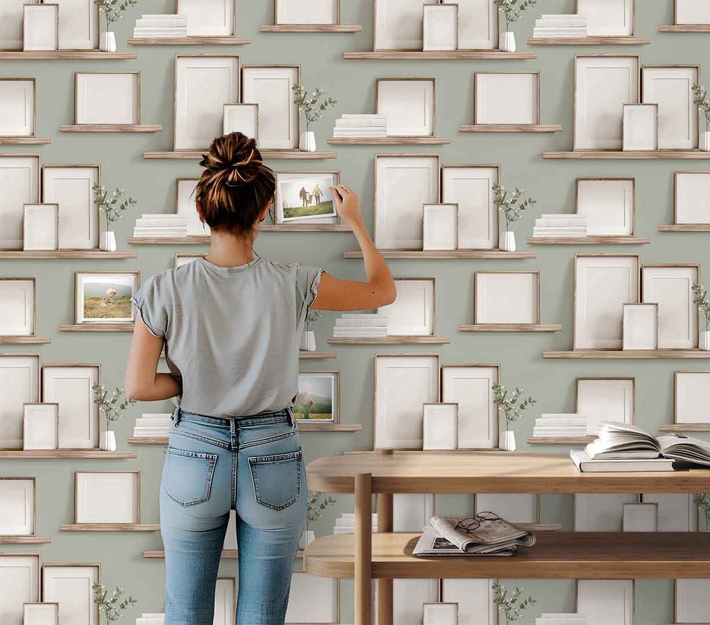 M892-04 - Vinyle Sur Intissé Frame Shelves Vert 10 x 0.53 m