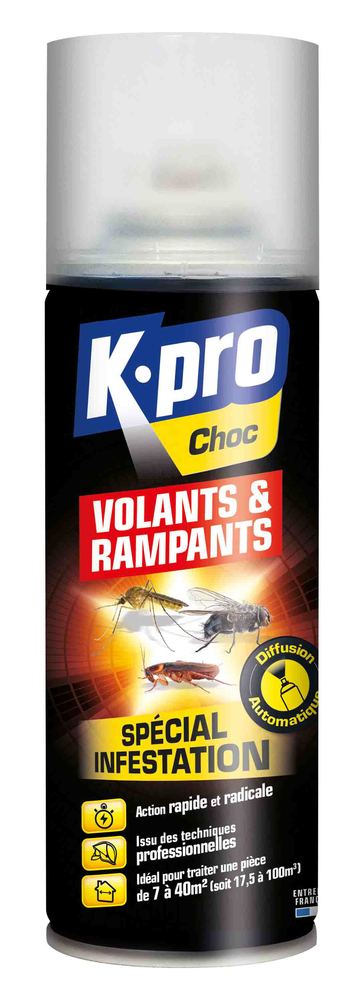 Aérosol insecticide TP18 contre volants et rampants, diffusion automatique 40 m², flacon 200 ml avec système de pulvérisation.