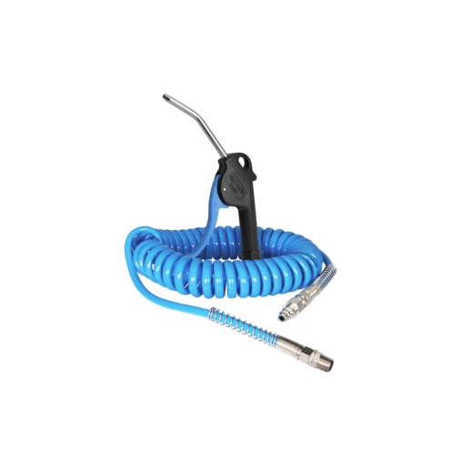 Soufflette Progressive avec tuyau spiral flexible de 4.50 m pour compresseur d'air, idéale pour le nettoyage professionnel.