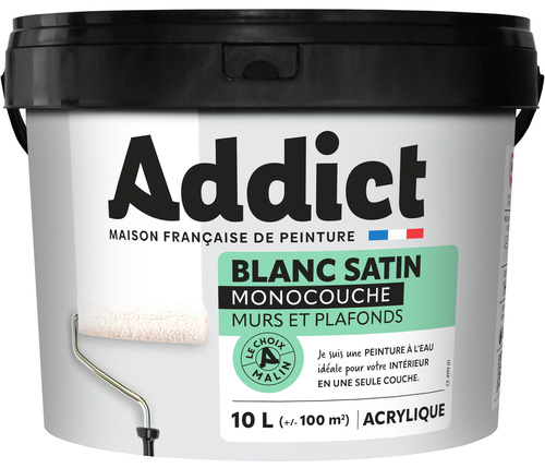 Peinture monocouche acrylique blanc satin pour murs et plafonds intérieurs, pot de 10 litres