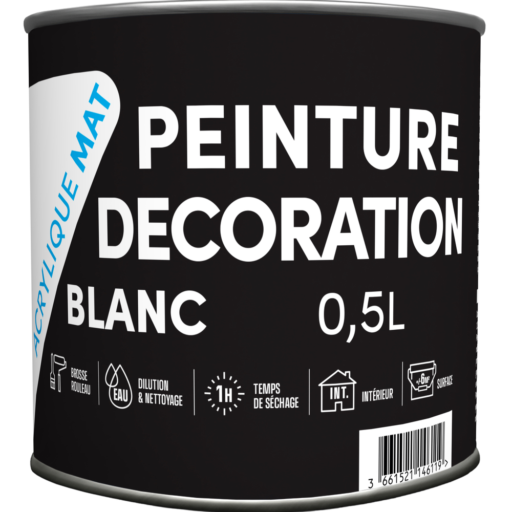 Pot de peinture décoration acrylique blanc mat 0.5L pour intérieurs, séchage rapide